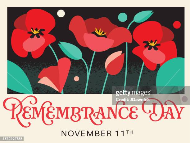remembrance day web banner poster design with red poppies and typography text design - remembrance day vector stock illustrations