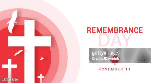 remembrance day web banner poster design with white crosses and flying doves - remembrance day banner stock illustrations