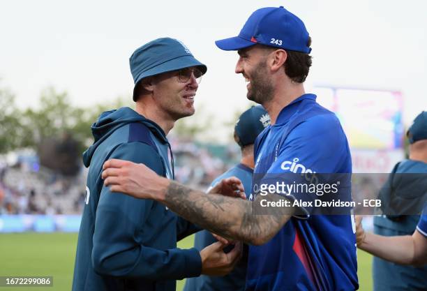 Reece Topley of England is congratulated by England Consultant Andrew Flintoff after the 2nd Metro Bank ODI between England and New Zealand at The...