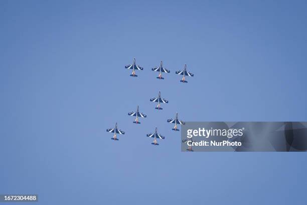 General view of the exhibition of the Frecce Tricolori at the Air Show del Garda for the Centenary of the Aeronautica Militare on September 10, 2023...
