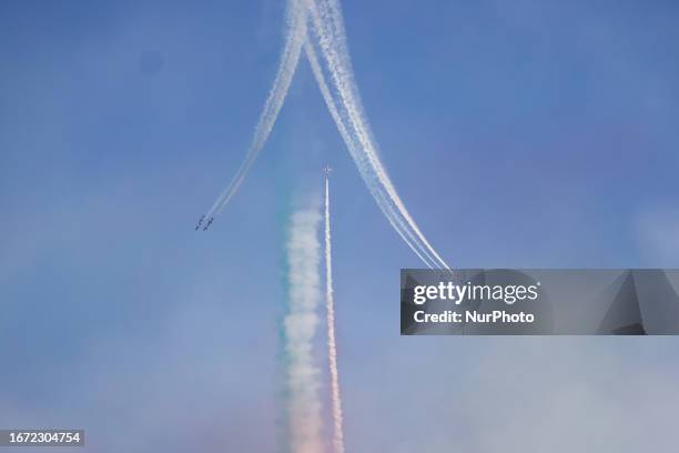 General view of the exhibition of the Frecce Tricolori at the Air Show del Garda for the Centenary of the Aeronautica Militare on September 10, 2023...