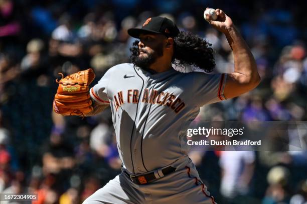 Sean Manaea of the San Francisco Giants pitches against the Colorado Rockies in the first inning at Coors Field on September 17, 2023 in Denver,...