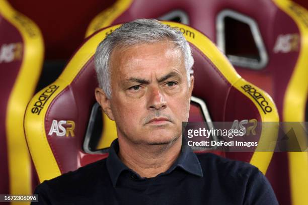 Jose Mourinho Head Coach of AS Roma looks on prior to the Serie A TIM match between AS Roma and Empoli FC at Stadio Olimpico on September 17, 2023 in...