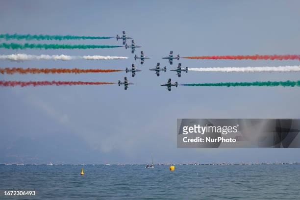 General view of the exhibition of the Frecce Tricolori at the Air Show del Garda for the Centenary of the Aeronautica Militare on September 10, 2023...