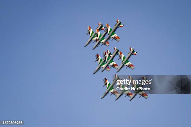 General view of the exhibition of the Frecce Tricolori at the Air Show del Garda for the Centenary of the Aeronautica Militare on September 10, 2023...