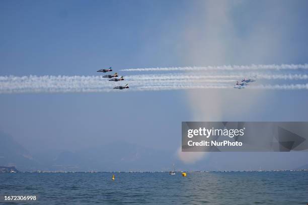 General view of the exhibition of the Frecce Tricolori at the Air Show del Garda for the Centenary of the Aeronautica Militare on September 10, 2023...