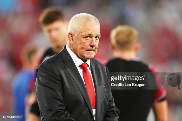 Warren Gatland, Head Coach of Wales, looks on during the Rugby World Cup France 2023 match between Wales and Fiji at Nouveau Stade de Bordeaux on...