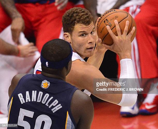 Blake Griffin of the Los Angeles Clippers is guarded under pressure from Zach Randolph of the Memphis Grizzlies during game two of their NBA...