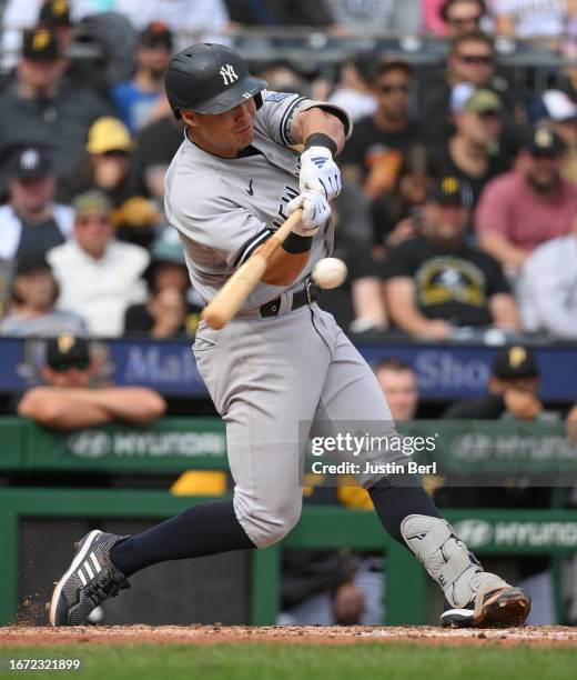 Anthony Volpe of the New York Yankees hits a solo home run in the seventh inning during the game against the Pittsburgh Pirates at PNC Park on...