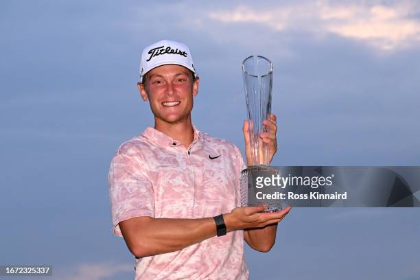 Vincent Norrman of Sweden celebrates with the trophy after winning the Horizon Irish Open at The K Club on September 10, 2023 in Straffan, Ireland.