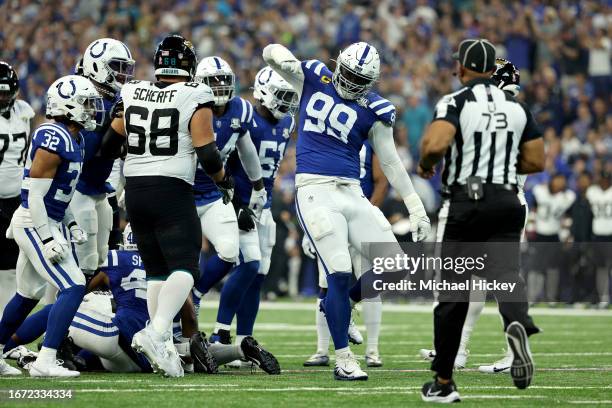 DeForest Buckner of the Indianapolis Colts reacts after a play in the first half of a game against the Jacksonville Jaguars at Lucas Oil Stadium on...