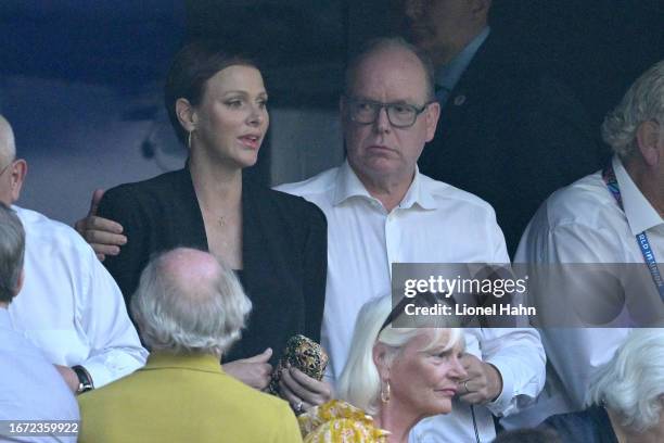 Charlene, Princess of Monaco and Albert II, Prince of Monaco, attend the Rugby World Cup France 2023 match between South Africa and Scotland at Stade...