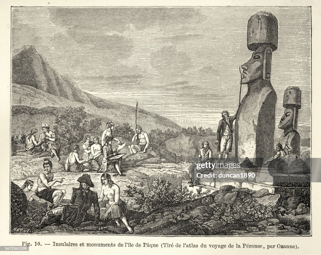 Moai, monolithic stone heads, Easter Island, and Rapa Nui people, History of Exploration, French 18th Century