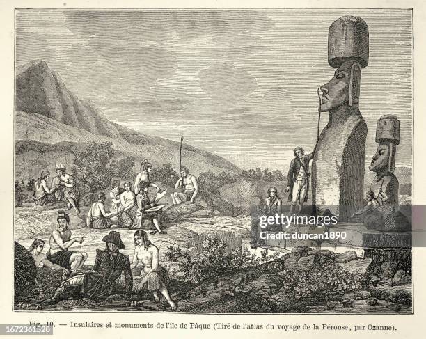 moai, monolithic stone heads, easter island, and rapa nui people, history of exploration, french 18th century - easter island 幅插畫檔、美工圖案、卡通及圖標