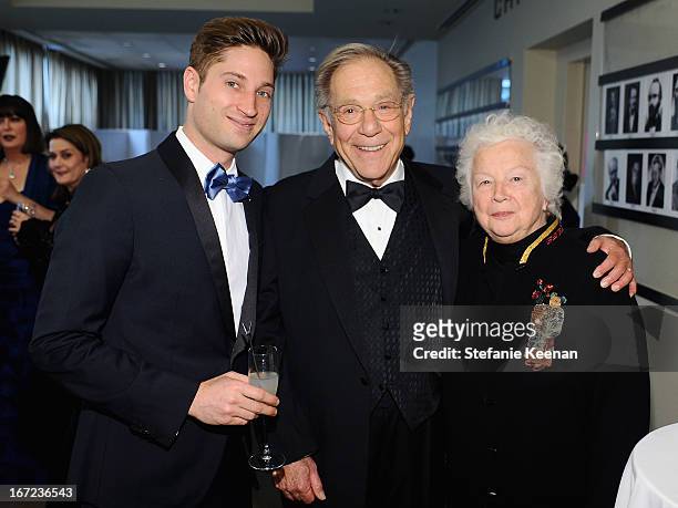 Joe McCanta, Brand Ambassador, actor George Segal and Sonia Schultz Greenbaum attend for Grey Goose poses at the Grey Goose cocktail reception of The...