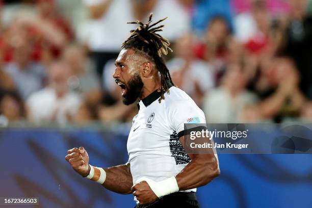 Waisea Nayacalevu of Fiji celebrates scoring his team's first try during the Rugby World Cup France 2023 match between Wales and Fiji at Nouveau...