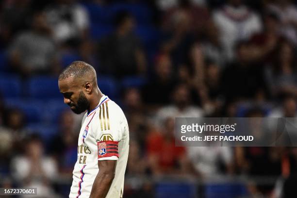 Lyon's French forward Alexandre Lacazette reacts during the French L1 football match between Olympique Lyonnais and Le Havre AC at The Groupama...