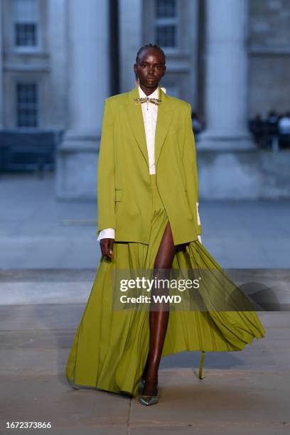 Model on the runway at the Erdem Spring 2024 Ready To Wear Fashion Show held at The British Museum on September 17, 2023 in London, England.