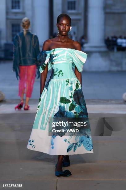 Model on the runway at the Erdem Spring 2024 Ready To Wear Fashion Show held at The British Museum on September 17, 2023 in London, England.