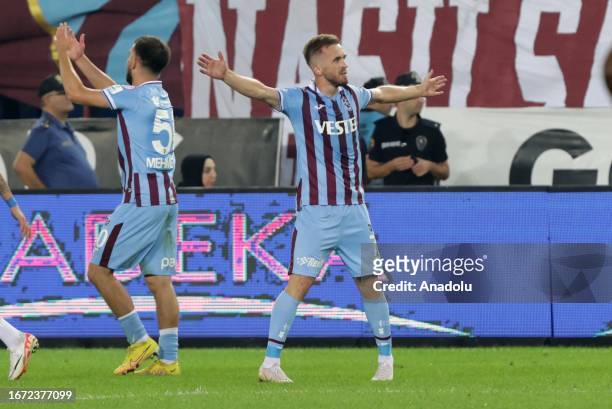 Edin Visca of Trabzonspor celebrates after scoring a goal during Turkish Super Lig soccer match between Trabzonspor and Besiktas at Papara Park in...