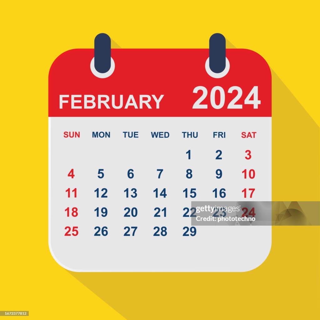 Calendário de fevereiro de 2024. Modelo de design do planejador de calendário. A semana começa no domingo. Ilustração vetorial de negócios