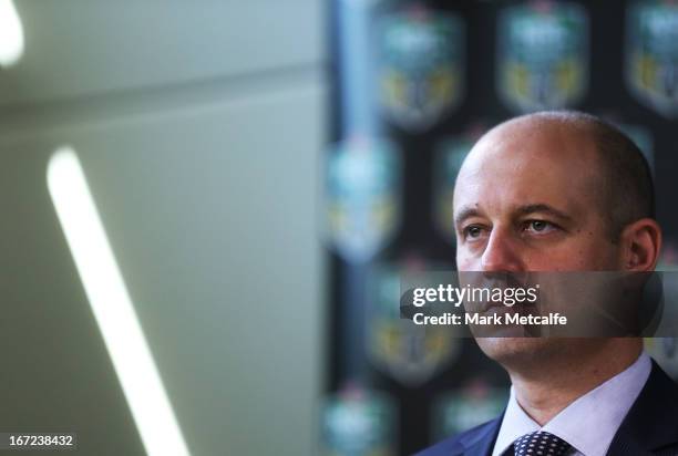 Current Bulldogs CEO Todd Greenberg speaks to the media during an NRL press conference to announce structural changes at Moore Park on April 23, 2013...