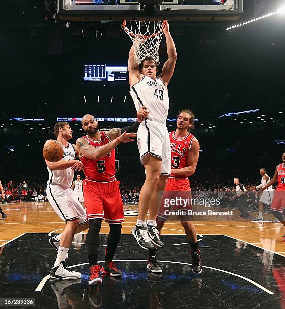 Kris Humphries of the Brooklyn Nets scores two against the Chicago Bulls during Game Two of the Eastern Conference Quarterfinals of the 2013 NBA...