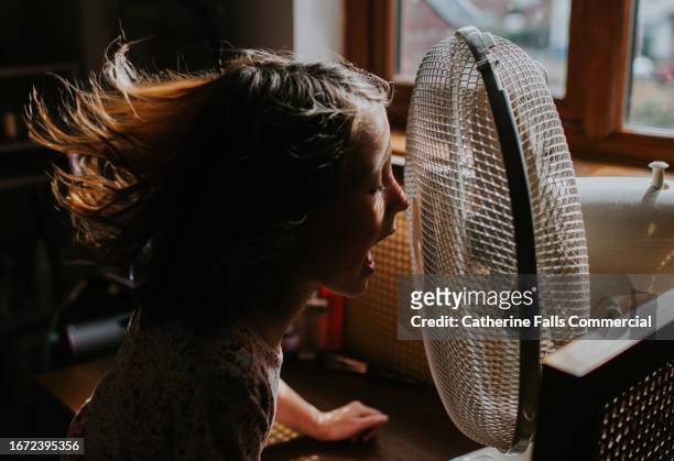 a little girl enjoys cool air blowing in her face from an old fashioned large desk fan. - hand fan stock pictures, royalty-free photos & images