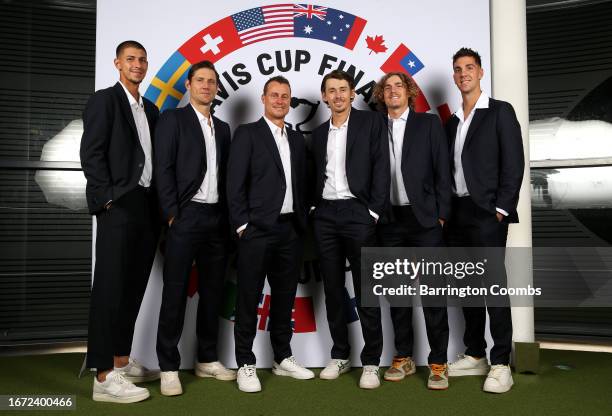 Captain, Lleyton Hewitt, Alex de Minaur, Thanasi Kokkinakis, Jordan Thompson, Max Purcell and Matthew Edben of Team Australia pose for a photo as...