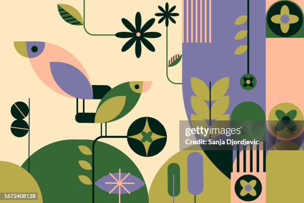 illustrazioni stock, clip art, cartoni animati e icone di tendenza di foresta in forme astratte geometriche - albero