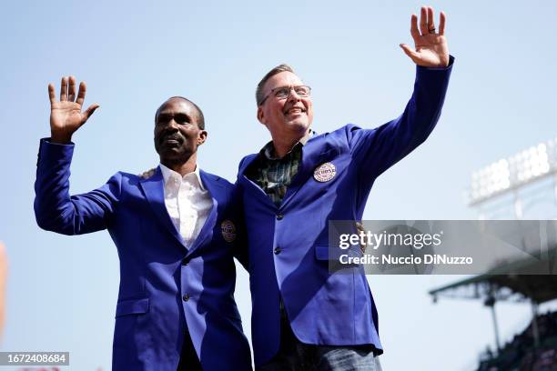Former Chicago Cubs players Shawon Dunston and Mark Grace were presented as the newest members of the Cubs Hall of Fame during a game between the...