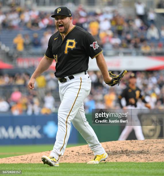 David Bednar of the Pittsburgh Pirates reacts after the final out in a 3-2 win over the New York Yankees during the game at PNC Park on September 17,...