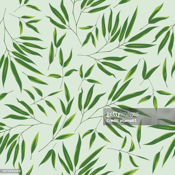 seamless pretty green bamboo leaves pattern. - bamboo leaf stock illustrations