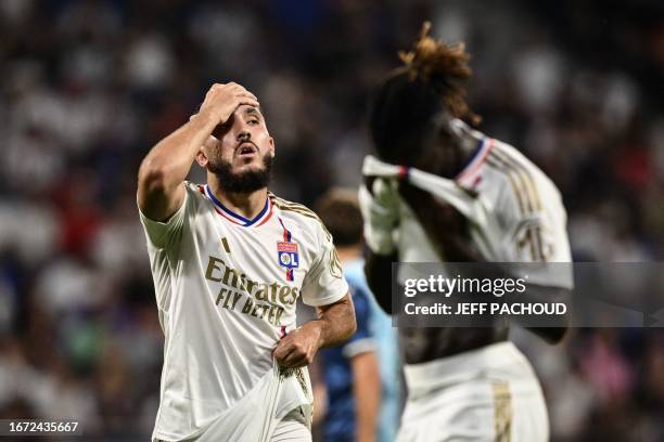 Lyon's French midfielder Rayan Cherki reacts during the French L1 football match between Olympique Lyonnais and Le Havre AC at The Groupama Stadium...