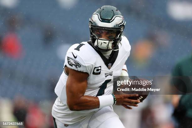 Jalen Hurts of the Philadelphia Eagles warms up before his game against the New England Patriots at Gillette Stadium on September 10, 2023 in...