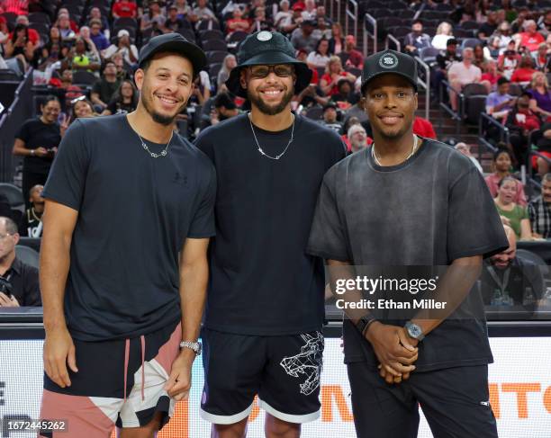 Players Seth Curry, Stephen Curry and Kyle Lowry attend a game between the Phoenix Mercury and the Las Vegas Aces at T-Mobile Arena on September 10,...