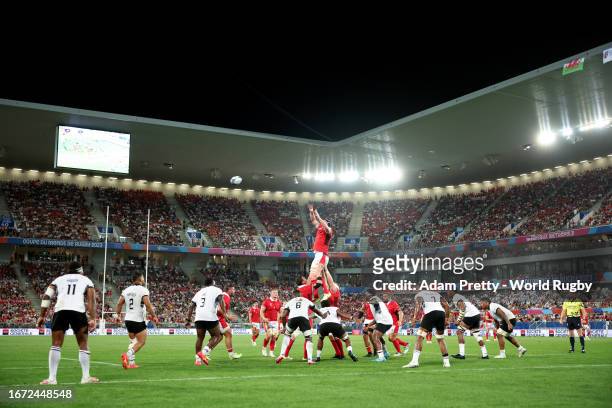 General view as a line out is contested during the Rugby World Cup France 2023 match between Wales and Fiji at Nouveau Stade de Bordeaux on September...