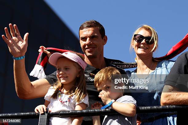 Ante Covic and his family wave to fans during a Western Sydney Wanderers A-League Civic Reception on April 23, 2013 in Parramatta, Australia.