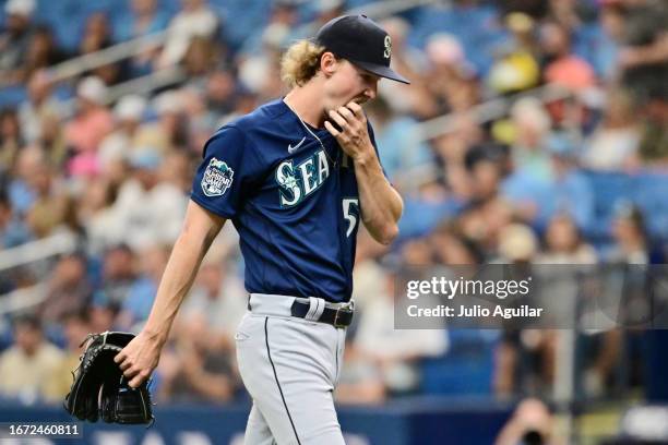 Bryce Miller of the Seattle Mariners walks off the field following the first inning against the Tampa Bay Rays at Tropicana Field on September 10,...