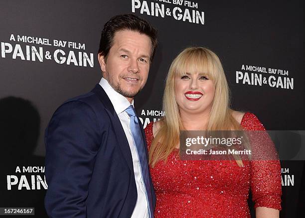 Actors Mark Wahlberg and Rebel Wilson arrive at the premiere of Paramount Pictures' "Pain & Gain" at TCL Chinese Theatre on April 22, 2013 in...