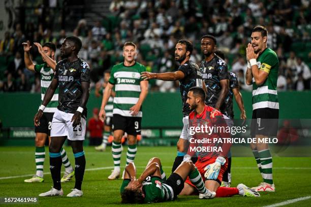 Sporting's Japanese midfielder Hidemasa Morita reacts after missing a goal opportunity during the Portuguese League football match between Sporting...