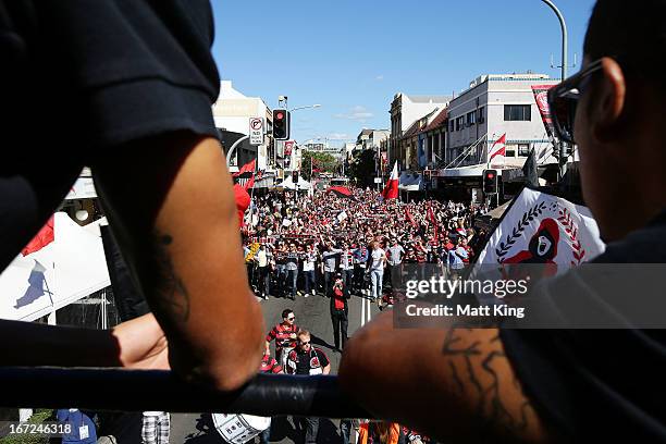 Western Sydney Wanderers players ride on a bus amongst fans during a Western Sydney Wanderers A-League Civic Reception on April 23, 2013 in...