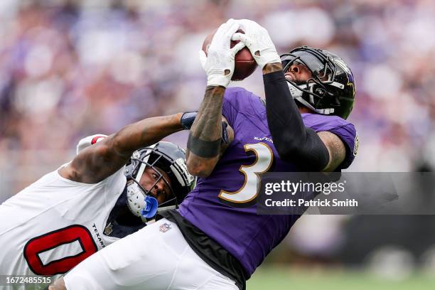 Odell Beckham Jr. #3 of the Baltimore Ravens makes a catch against Shaquill Griffin of the Houston Texans at M&T Bank Stadium on September 10, 2023...