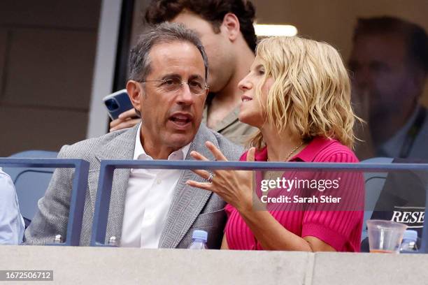 American comedian Jerry Seinfeld and wife Jessica Seinfeld look on during the Men's Singles Final match between Novak Djokovic of Serbia and Daniil...