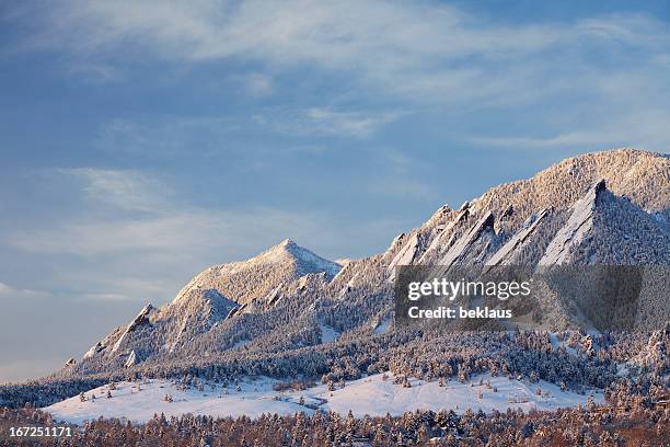 winter snow on the boulder colorado flatirons - denver co stock pictures, royalty-free photos & images