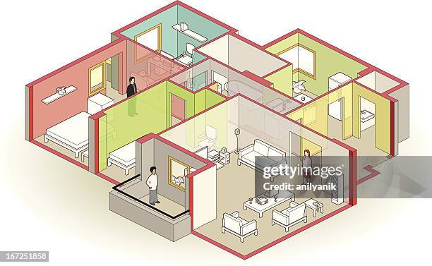 ilustrações de stock, clip art, desenhos animados e ícones de cutaway apartamento - casa interior