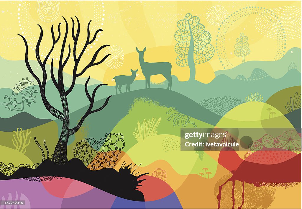 Paisaje colorido soleado con plantas y árboles y deers