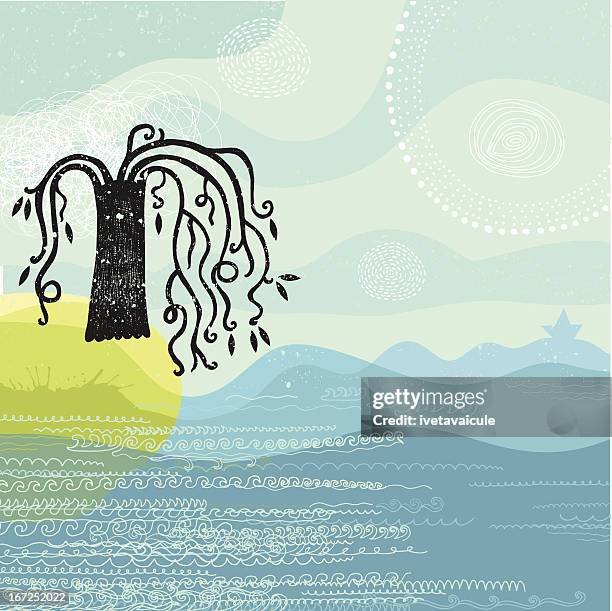 island with lonely tree by the sea - willow tree stock illustrations