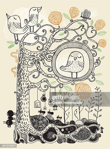 stockillustraties, clipart, cartoons en iconen met hand drawn blossoming tree with birds and insects - ondergrond