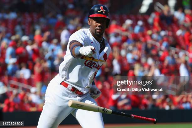 Jordan Walker of the St. Louis Cardinals celebrates after hitting the game-winning home run against the Philadelphia Phillies in the eighth inning at...